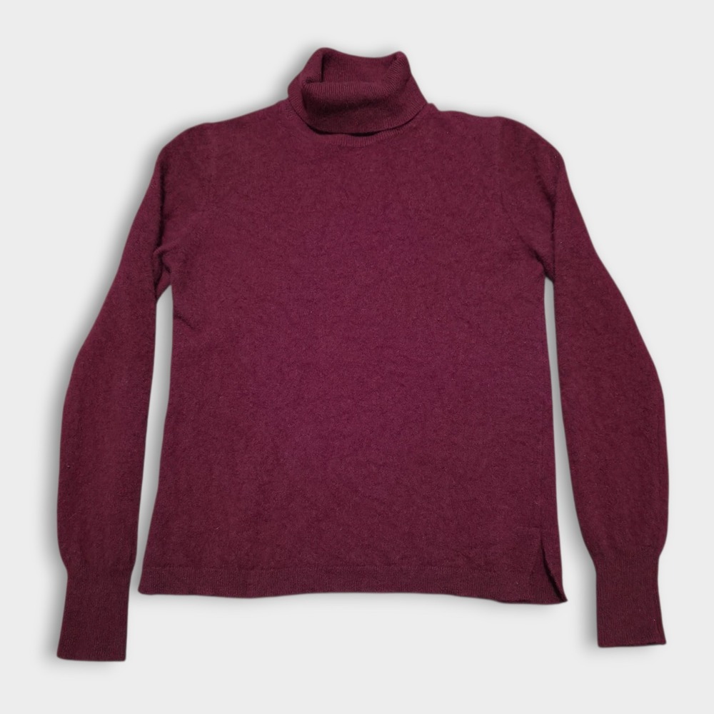 J Crew 100% Cashmere Wine Red Pullover FUZZY Sweater Turtle Neck Womens Small